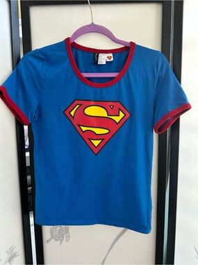 Divided Blue Superman Logo Short Sleeve Tee with Red Trim